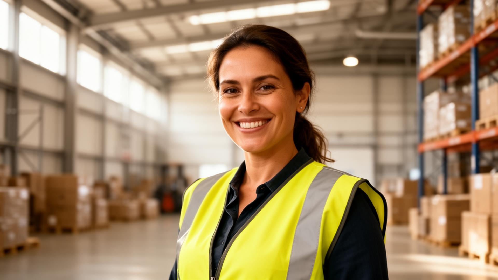 Happy logistics warehouse team smiling together